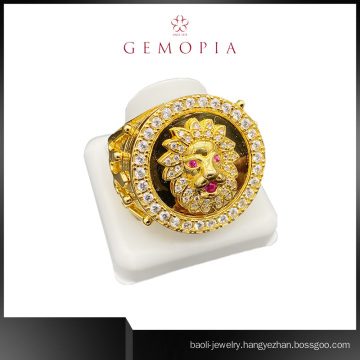 Explosion Hip-Hop Hiphop Gold-Plated Rhinestone Crown Lion Head Ring for Men